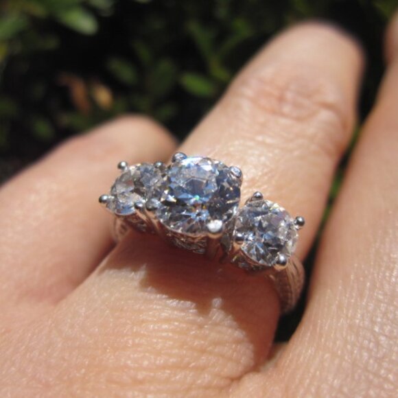 SOLID 14K White Gold Diamond CZ 3-Stone Engagement Ring Intricate Etched Setting